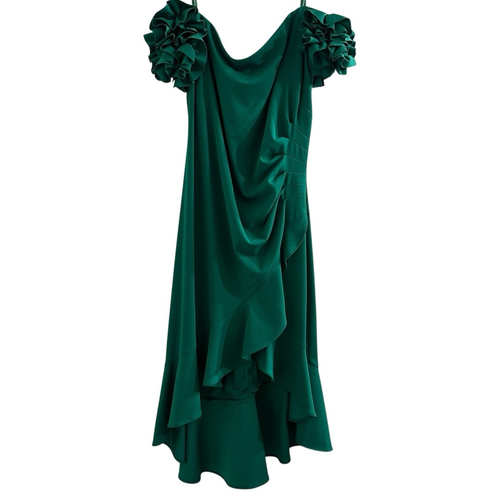 XSCAPE EVENINGS "LORETTA" CREPE OFF THE SHOULDER RUFFLE SLEEVE MIDI DRESS 20W
